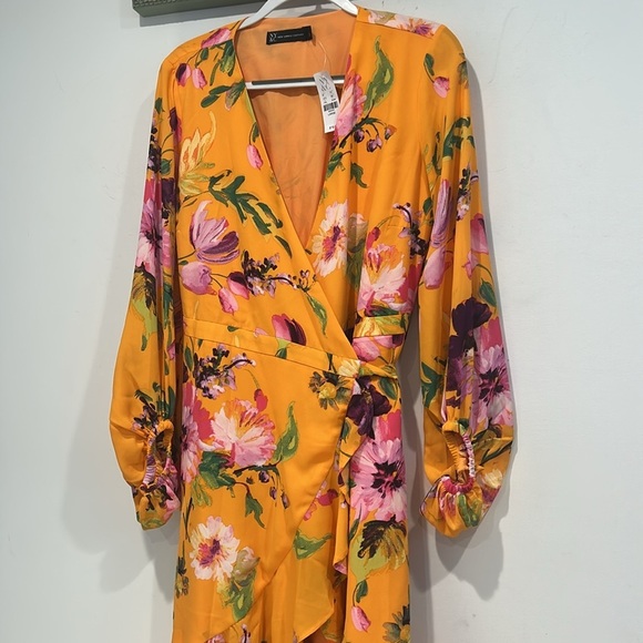 New York & Company Neon Orange Ruffled Wrap Midi Dress women’s large new w tag - Picture 4 of 7